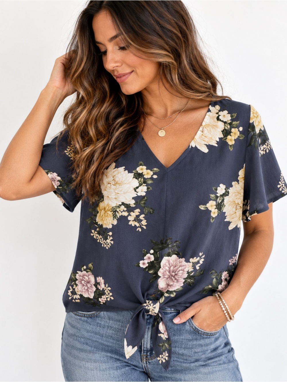 nine britton Navy Floral Tie-Front V-Neck Blouse